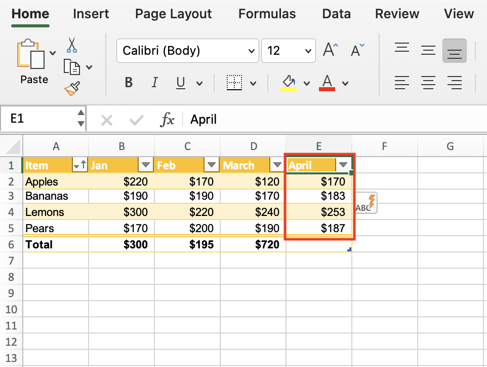 Excel Table Example